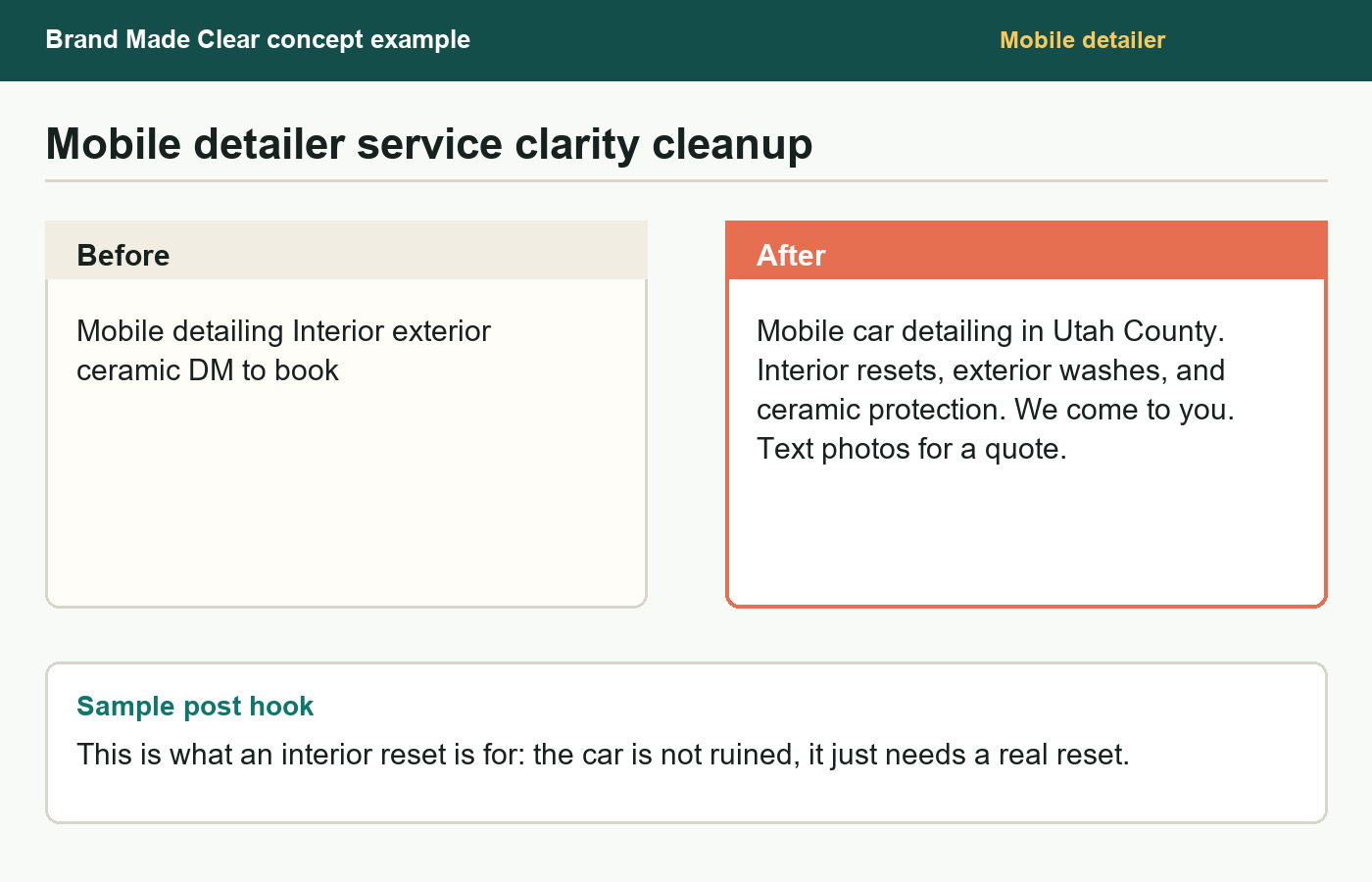 Concept example showing a mobile detailer service description before and after a clarity refresh