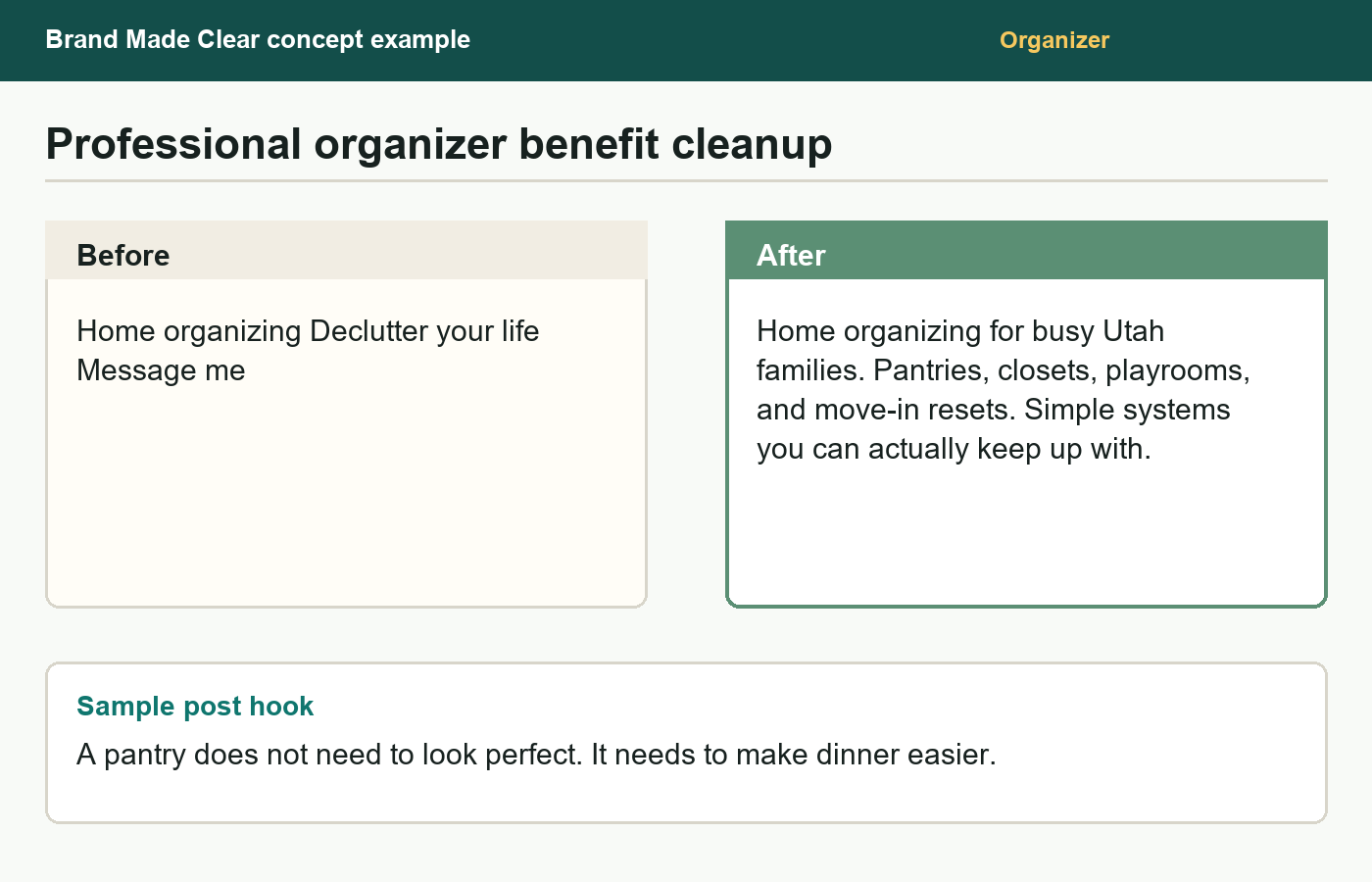 Concept example showing a professional organizer profile before and after a messaging refresh